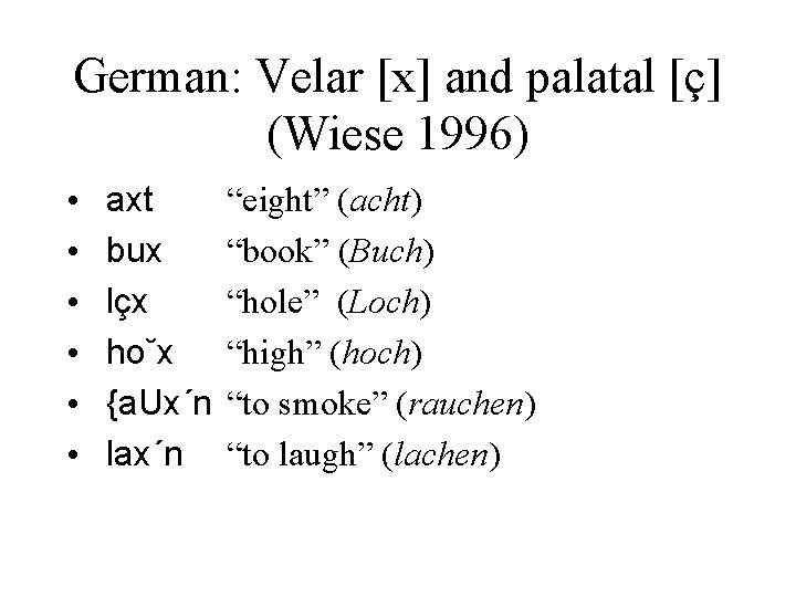 German: Velar [x] and palatal [ç] (Wiese 1996) • • • axt bux lçx