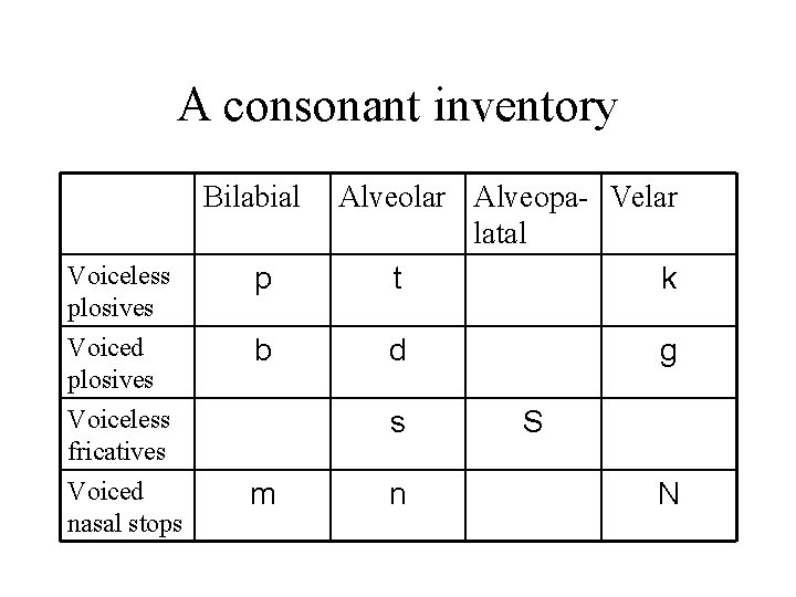 A consonant inventory Bilabial Voiceless plosives p Voiced plosives b Voiceless fricatives Voiced nasal