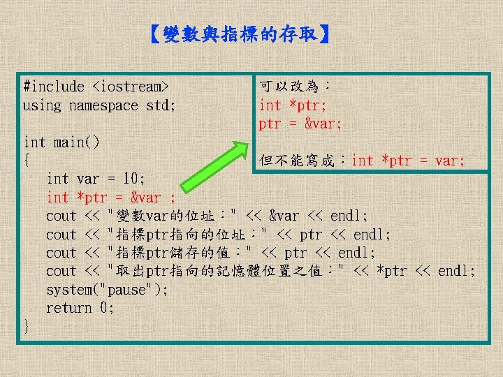 【變數與指標的存取】 可以改為： #include <iostream> int *ptr; using namespace std; ptr = &var; int main()