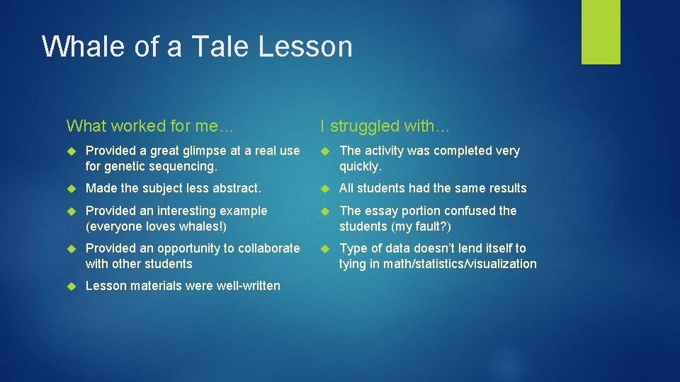 Whale of a Tale Lesson What worked for me… I struggled with… Provided a