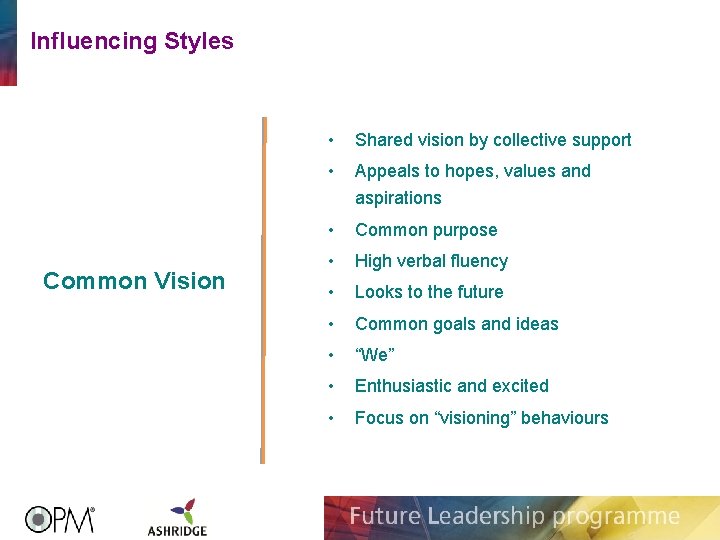 Influencing Styles Common Vision • Shared vision by collective support • Appeals to hopes,