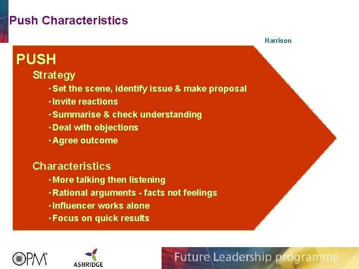 Push Characteristics Harrison PUSH Strategy • Set the scene, identify issue & make proposal
