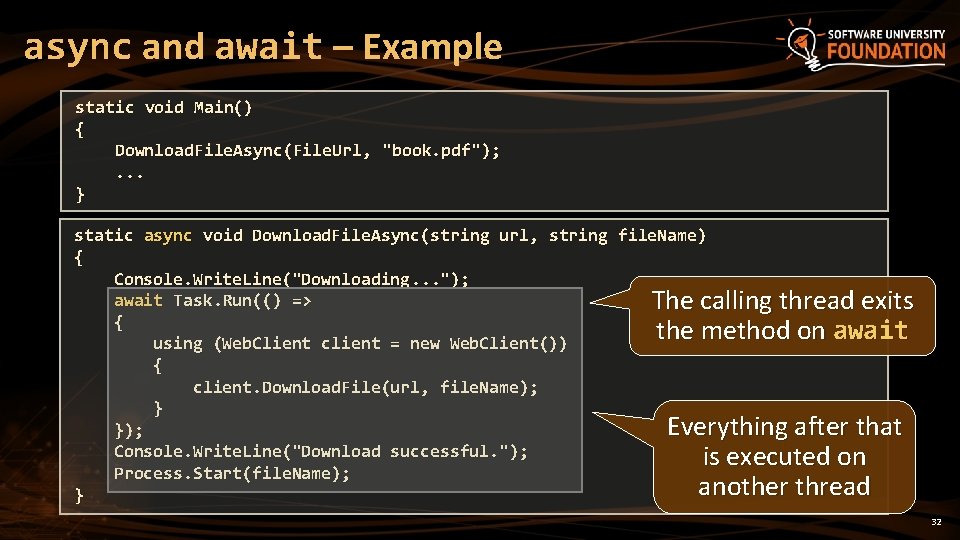 async and await – Example static void Main() { Download. File. Async(File. Url, "book.