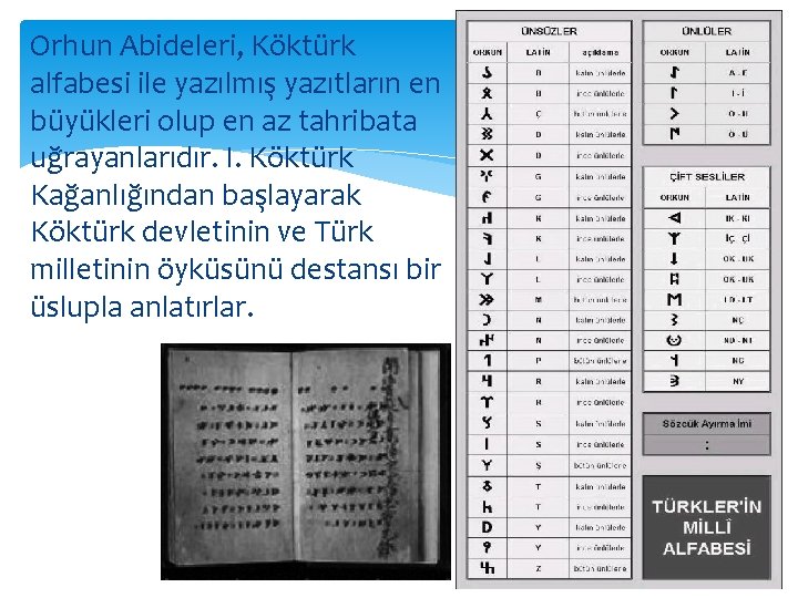 Orhun Abideleri, Köktürk alfabesi ile yazılmış yazıtların en büyükleri olup en az tahribata uğrayanlarıdır.