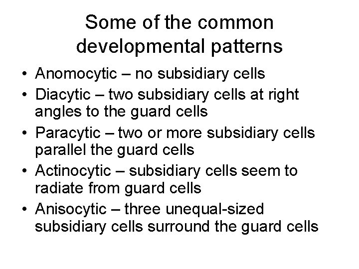 Some of the common developmental patterns • Anomocytic – no subsidiary cells • Diacytic