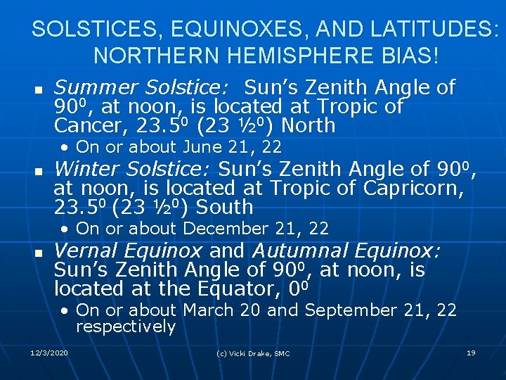 SOLSTICES, EQUINOXES, AND LATITUDES: NORTHERN HEMISPHERE BIAS! n Summer Solstice: Sun’s Zenith Angle of