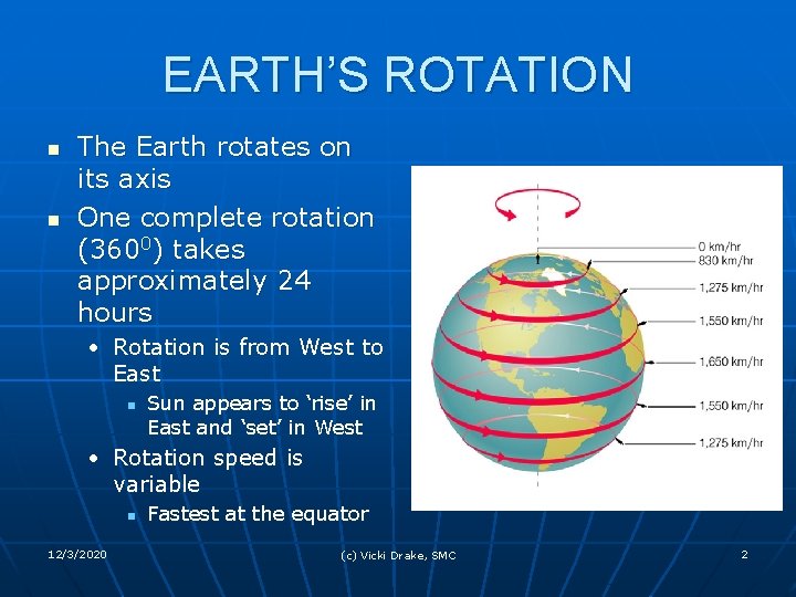 EARTH’S ROTATION n n The Earth rotates on its axis One complete rotation (3600)