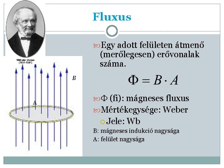 Fluxus Egy adott felületen átmenő (merőlegesen) erővonalak száma. B A (fi): mágneses fluxus Mértékegysége: