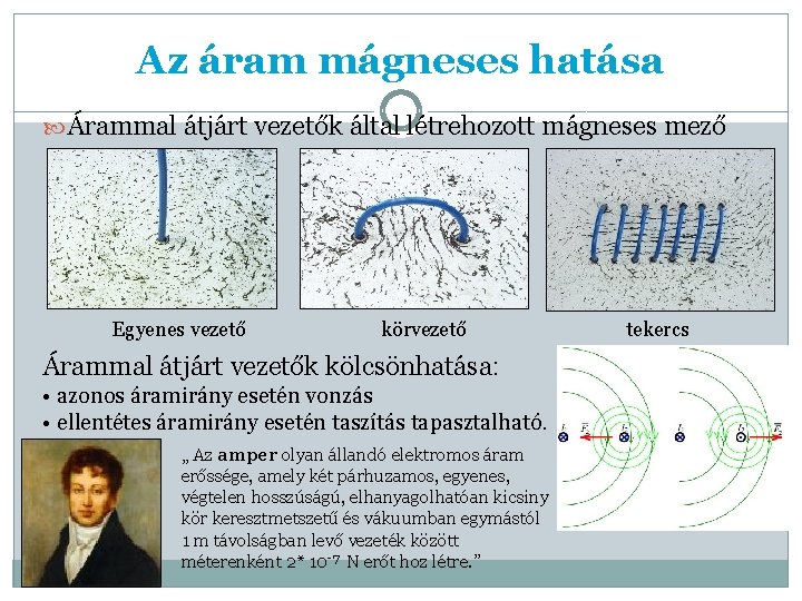 Az áram mágneses hatása Árammal átjárt vezetők által létrehozott mágneses mező Egyenes vezető körvezető