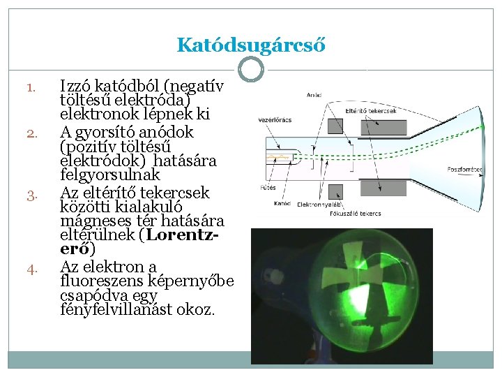 Katódsugárcső 1. 2. 3. 4. Izzó katódból (negatív töltésű elektróda) elektronok lépnek ki A