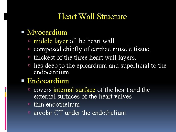 Heart Wall Structure Myocardium middle layer of the heart wall composed chiefly of cardiac