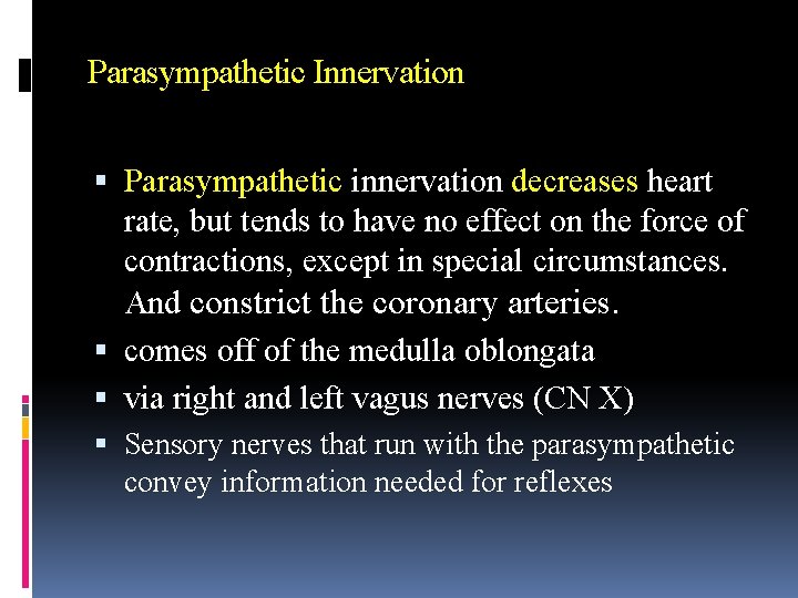 Parasympathetic Innervation Parasympathetic innervation decreases heart rate, but tends to have no effect on