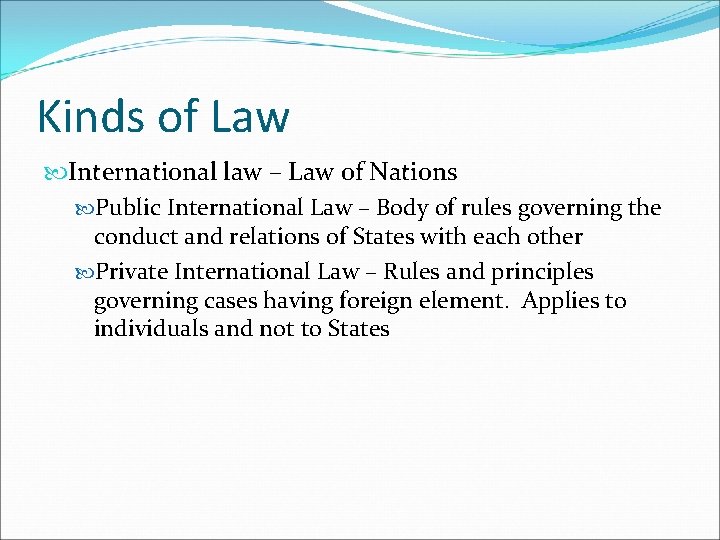 Kinds of Law International law – Law of Nations Public International Law – Body