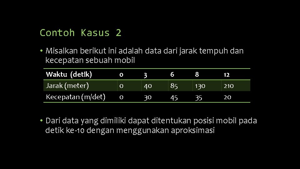 Contoh Kasus 2 • Misalkan berikut ini adalah data dari jarak tempuh dan kecepatan