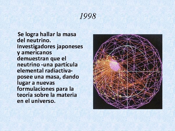 1998 Se logra hallar la masa del neutrino. Investigadores japoneses y americanos demuestran que
