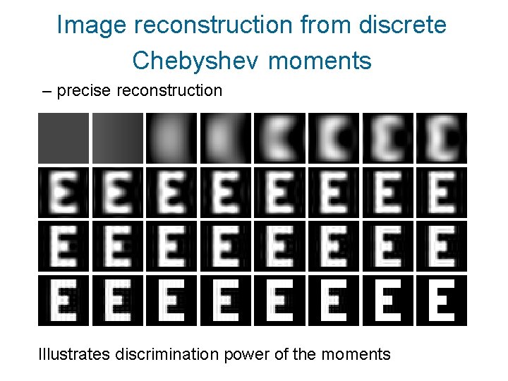 Image reconstruction from discrete Chebyshev moments – precise reconstruction Illustrates discrimination power of the