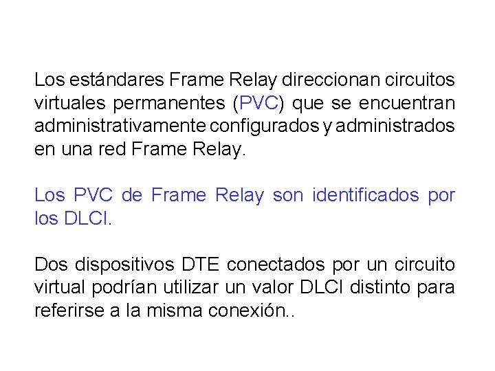 Los estándares Frame Relay direccionan circuitos virtuales permanentes (PVC) que se encuentran administrativamente configurados