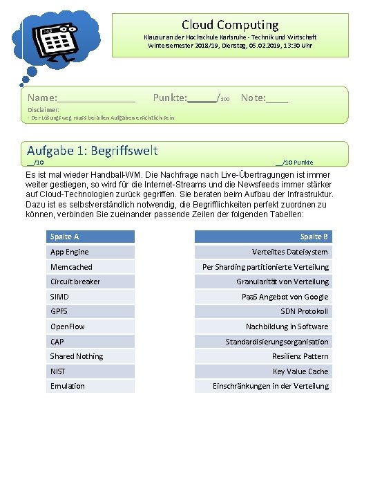 Cloud Computing Klausur an der Hochschule Karlsruhe - Technik und Wirtschaft Wintersemester 2018/19, Dienstag,