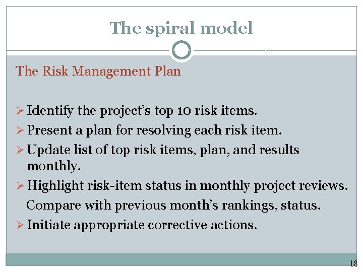 The spiral model The Risk Management Plan Ø Identify the project’s top 10 risk