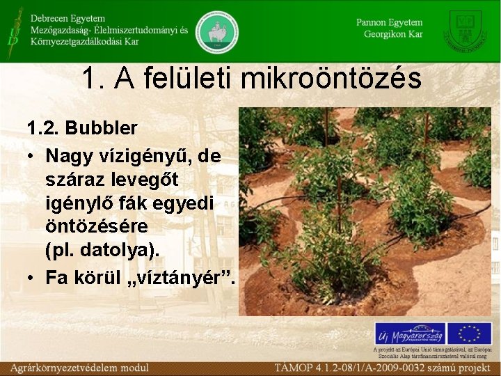 1. A felületi mikroöntözés 1. 2. Bubbler • Nagy vízigényű, de száraz levegőt igénylő 1. A felületi mikroöntözés 1. 2. Bubbler • Nagy vízigényű, de száraz levegőt igénylő