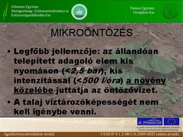 MIKROÖNTÖZÉS • Legfőbb jellemzője: az állandóan telepített adagoló elem kis nyomáson (<2, 5 bar),