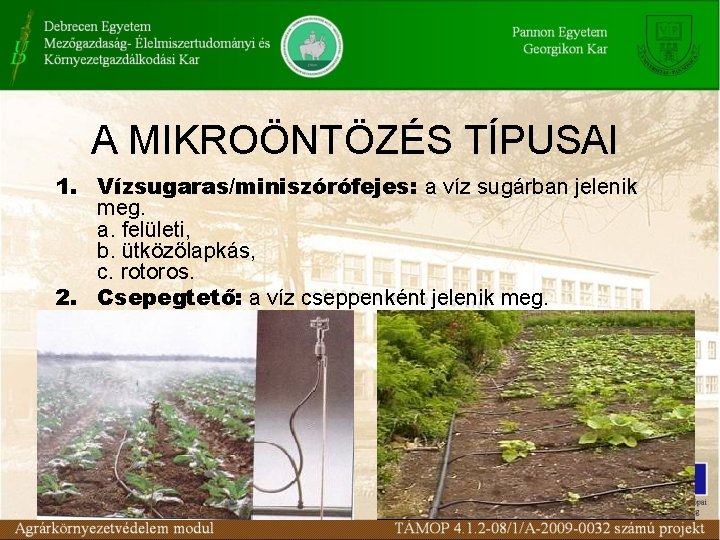 A MIKROÖNTÖZÉS TÍPUSAI 1. Vízsugaras/miniszórófejes: a víz sugárban jelenik meg. a. felületi, b. ütközőlapkás, A MIKROÖNTÖZÉS TÍPUSAI 1. Vízsugaras/miniszórófejes: a víz sugárban jelenik meg. a. felületi, b. ütközőlapkás,