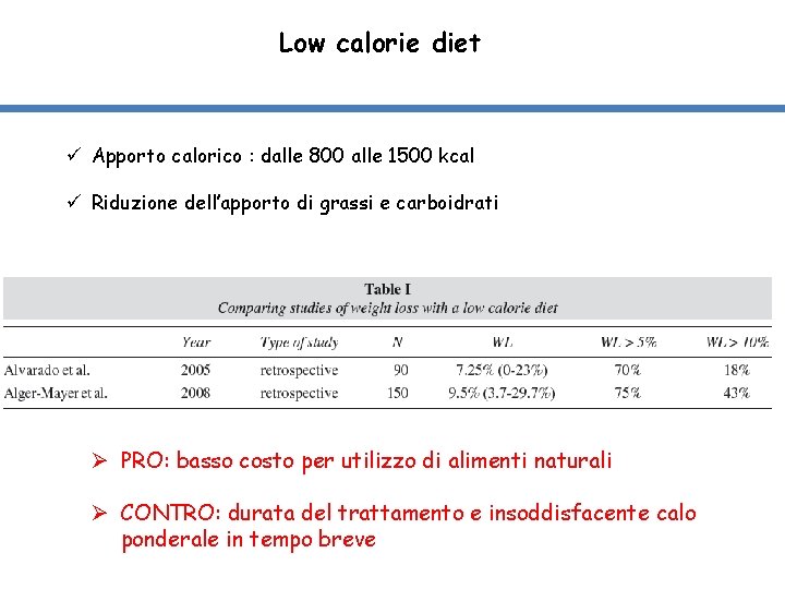 Low calorie diet ü Apporto calorico : dalle 800 alle 1500 kcal ü Riduzione