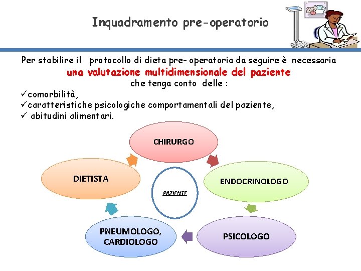 Inquadramento pre-operatorio Per stabilire il protocollo di dieta pre- operatoria da seguire è necessaria