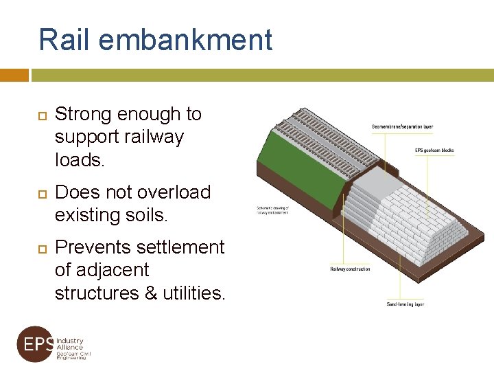 Rail embankment Strong enough to support railway loads. Does not overload existing soils. Prevents