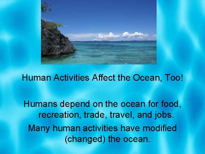 Oceans Human Activities Affect the Ocean, Too! Humans depend on the ocean for food,