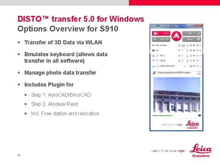 DISTO™ transfer 5. 0 for Windows Options Overview for S 910 § Transfer of