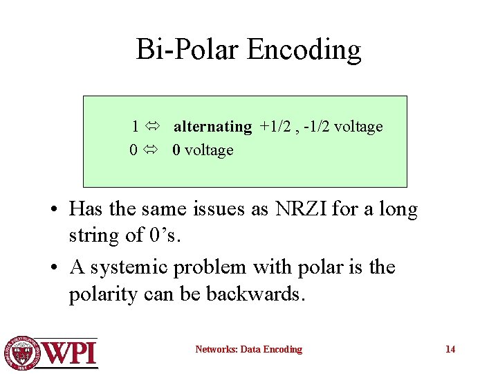 Bi-Polar Encoding 1 alternating +1/2 , -1/2 voltage 0 0 voltage • Has the