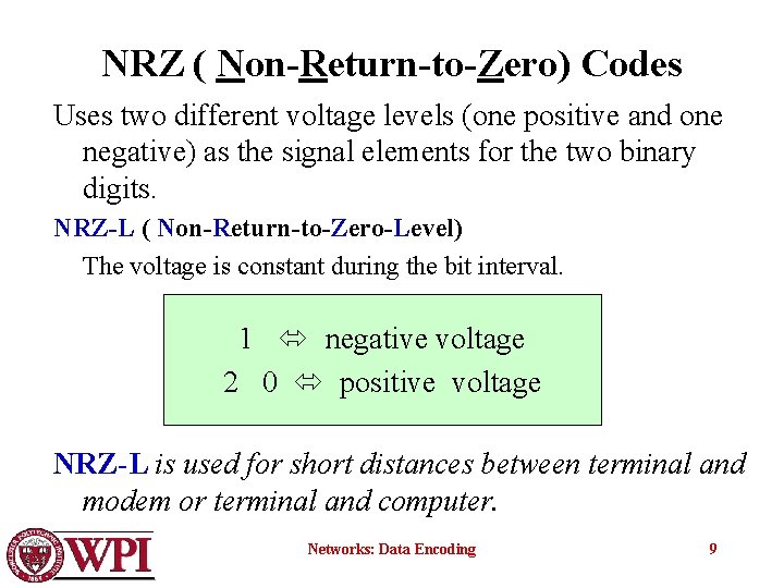 NRZ ( Non-Return-to-Zero) Codes Uses two different voltage levels (one positive and one negative)