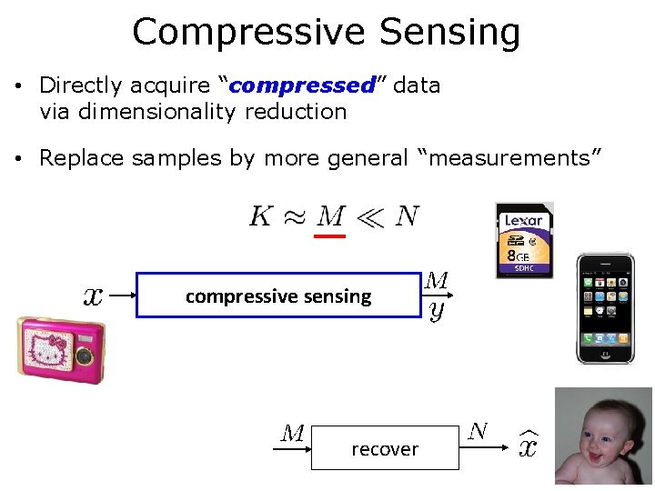 Compressive Sensing • Directly acquire “compressed” data via dimensionality reduction • Replace samples by
