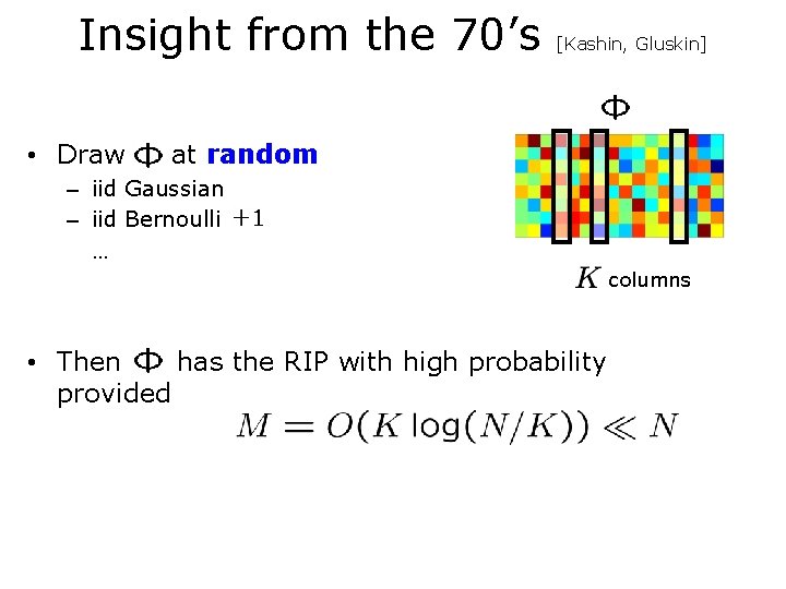 Insight from the 70’s • Draw [Kashin, Gluskin] at random – iid Gaussian –