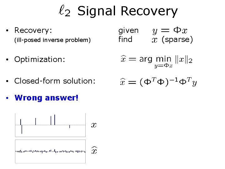 Signal Recovery • Recovery: (ill-posed inverse problem) • Optimization: • Closed-form solution: • Wrong