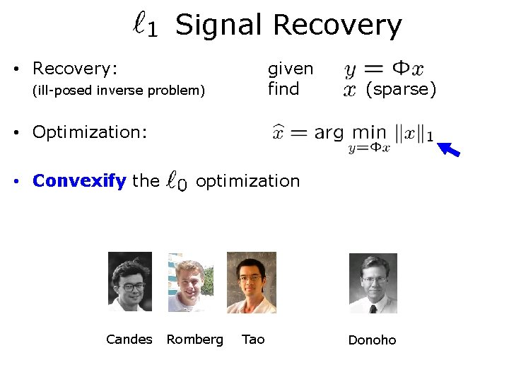 Signal Recovery • Recovery: given find (ill-posed inverse problem) (sparse) • Optimization: • Convexify