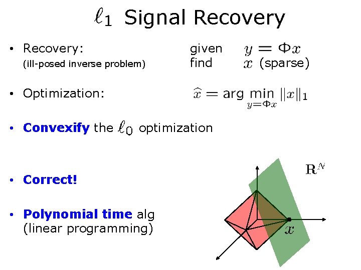 Signal Recovery • Recovery: (ill-posed inverse problem) given find • Optimization: • Convexify the