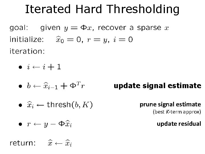 Iterated Hard Thresholding update signal estimate prune signal estimate (best K-term approx) update residual