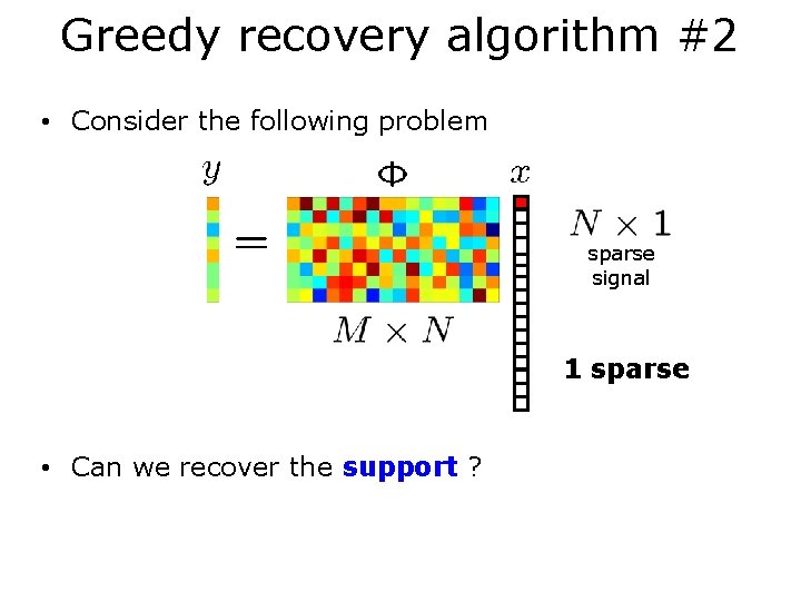 Greedy recovery algorithm #2 • Consider the following problem sparse signal 1 sparse •