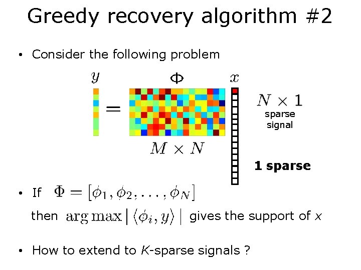 Greedy recovery algorithm #2 • Consider the following problem sparse signal 1 sparse •