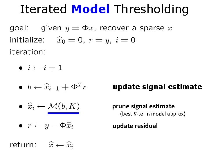 Iterated Model Thresholding update signal estimate prune signal estimate (best K-term model approx) update