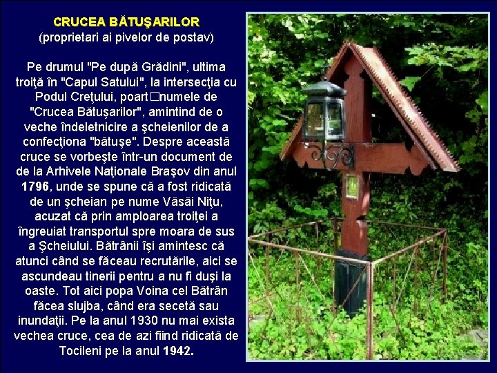 CRUCEA BĂTUŞARILOR (proprietari ai pivelor de postav) Pe drumul "Pe după Grădini", ultima troiţă