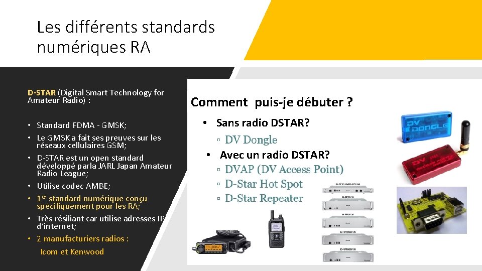 Les différents standards numériques RA D-STAR (Digital Smart Technology for Amateur Radio) : •