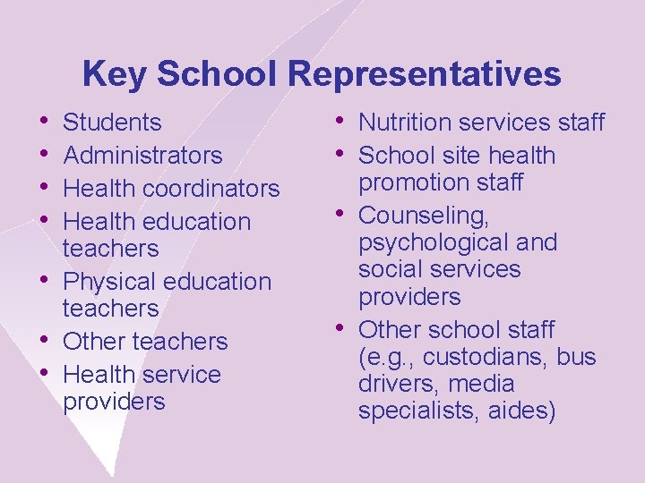 Key School Representatives • • Students Administrators Health coordinators Health education teachers Physical education