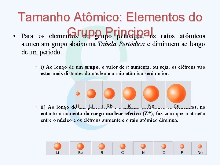 Tamanho Atômico: Elementos do Grupo Principal • Para os elementos do grupo principal, os