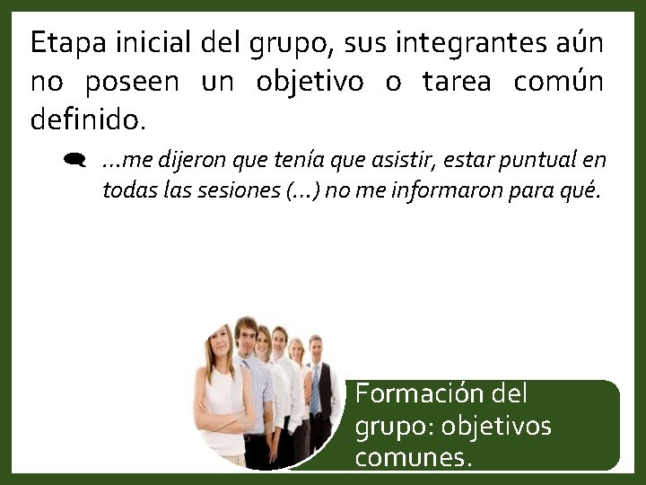 Etapa inicial del grupo, sus integrantes aún no poseen un objetivo o tarea común