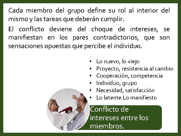 Cada miembro del grupo define su rol al interior del mismo y las tareas