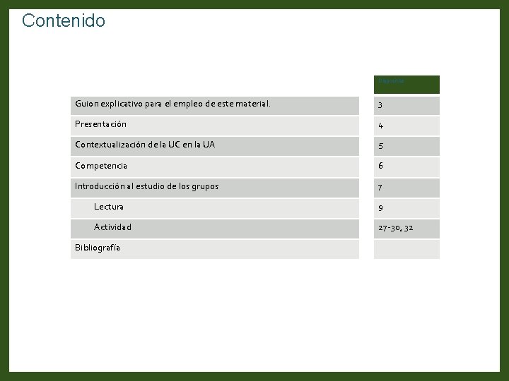 Contenido Diapositiva Guion explicativo para el empleo de este material. 3 Presentación 4 Contextualización Contenido Diapositiva Guion explicativo para el empleo de este material. 3 Presentación 4 Contextualización