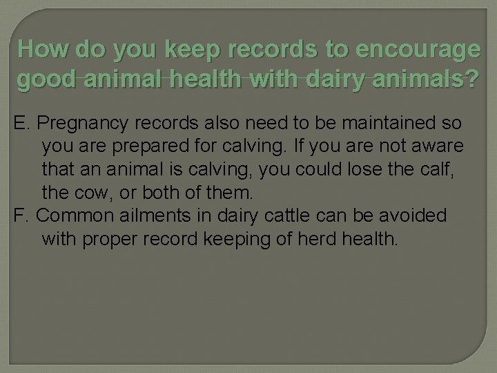 How do you keep records to encourage good animal health with dairy animals? E.
